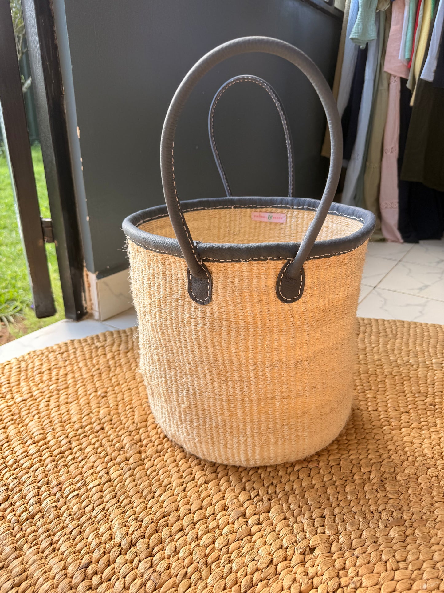 Medium Leather Trim Basket with Handle - Blue