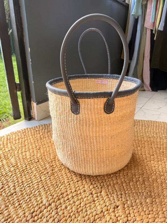 Medium Leather Trim Basket with Handle - Blue