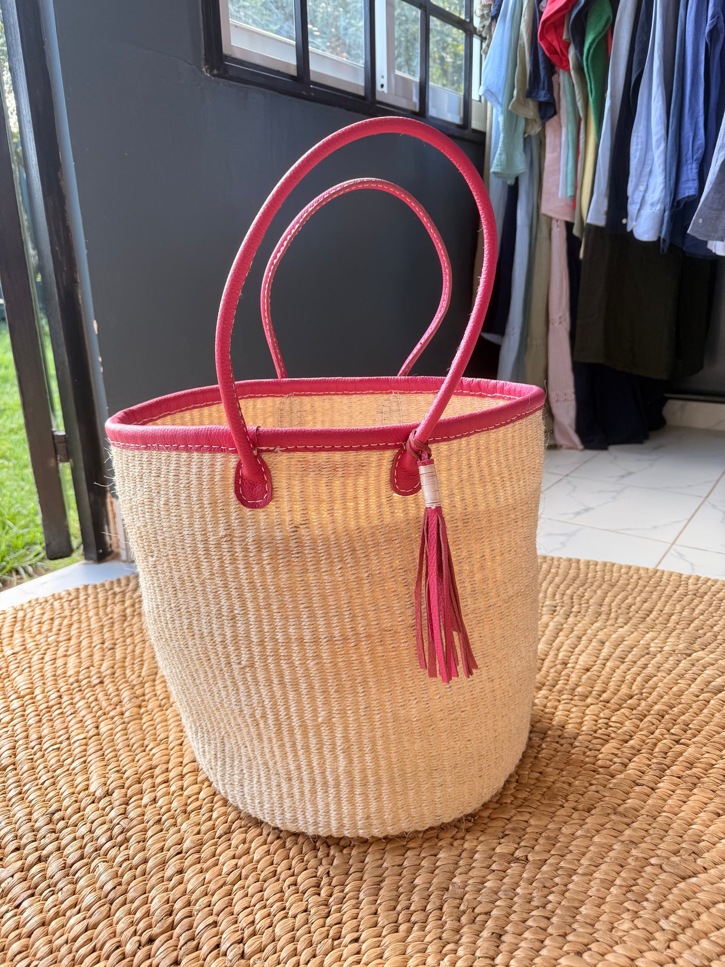 Large Leather Trim Basket with Handle- Pink