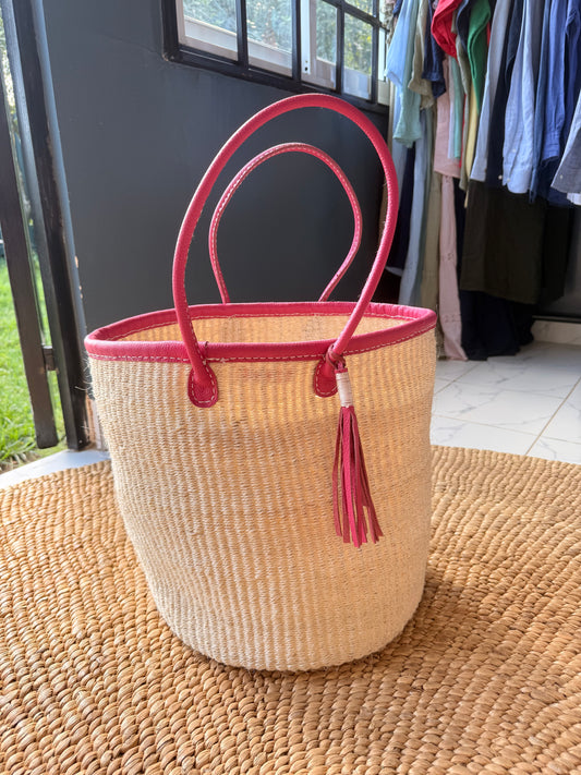 Medium Leather Trim Basket with Handle - Pink