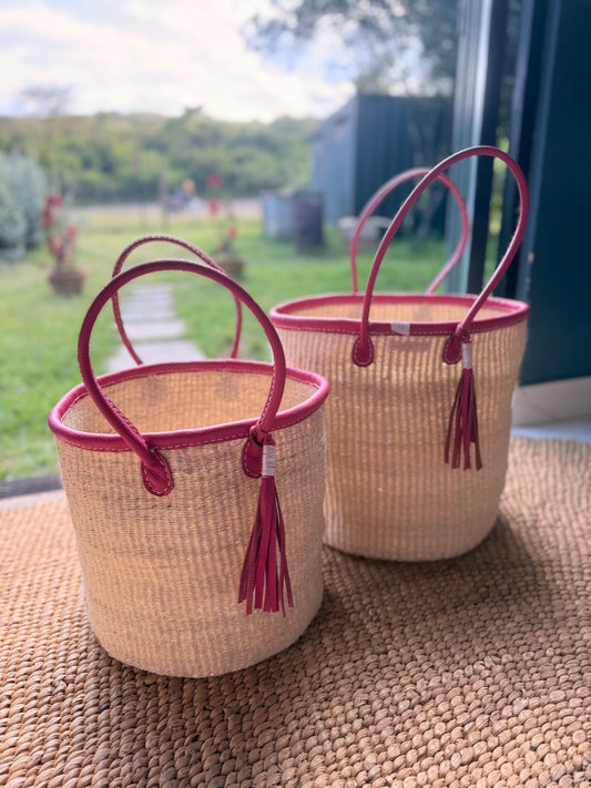 Medium Leather Trim Basket with Handle - Pink