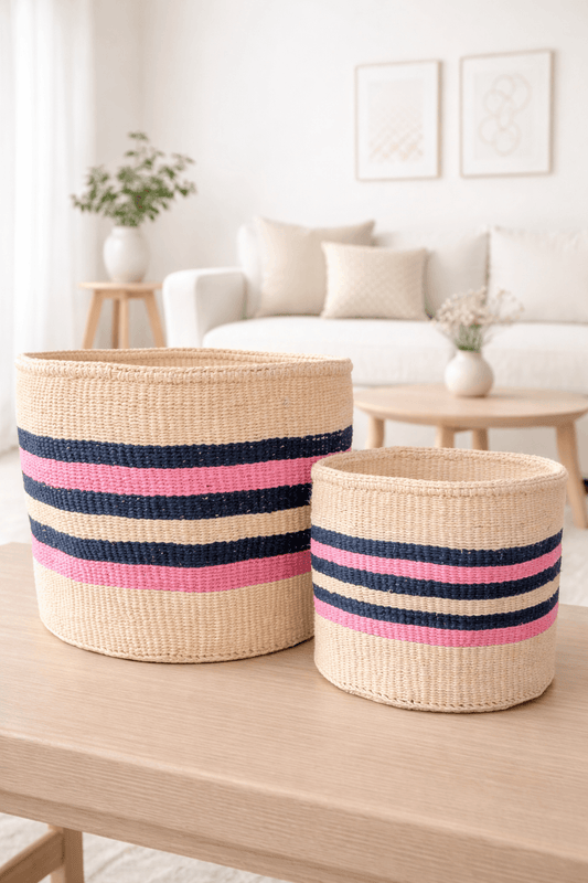 Pink & Navy Stripe basket - Large