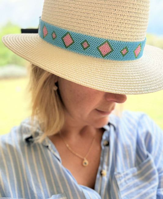 Beaded Hat Band - Light Blue Diamonds