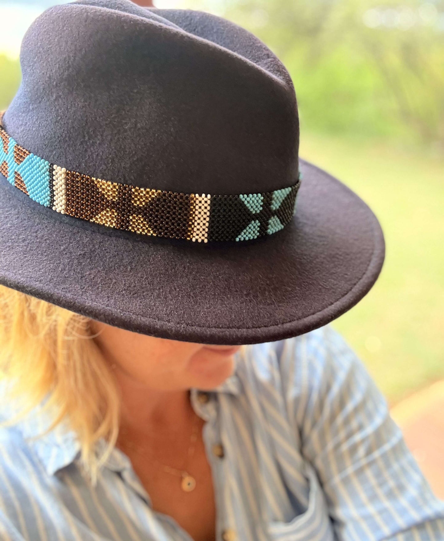 Beaded Hat Band - Brown v Blue Chevron