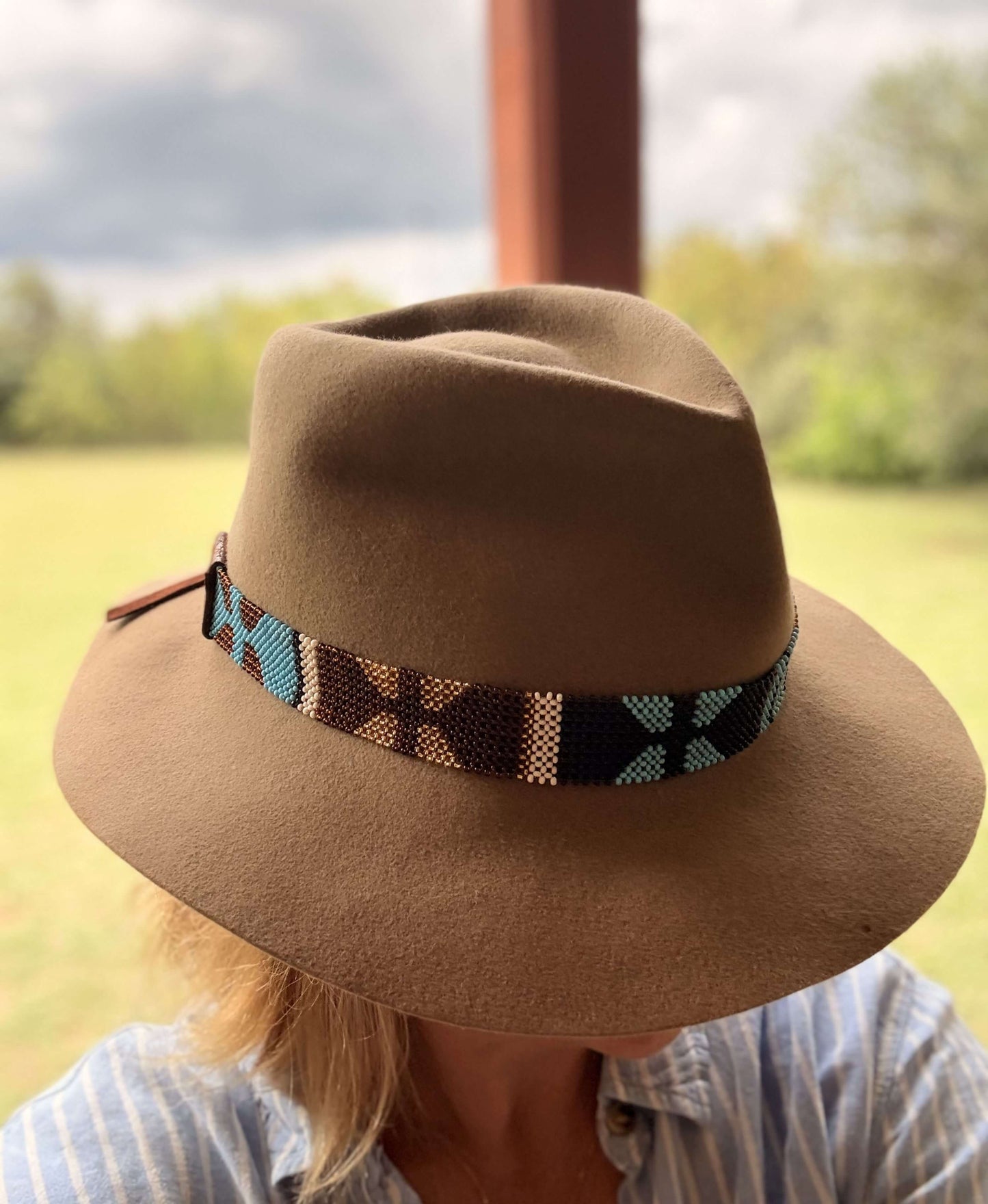 Beaded Hat Band - Brown v Blue Chevron